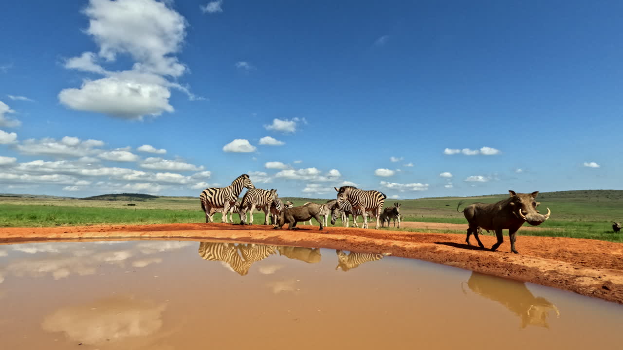 Warthogs and zebras on edge of muddy waterhole on beautiful day in Africa