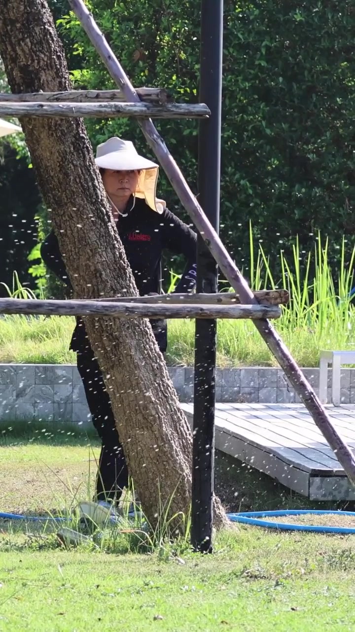 Person running through a sprinkler on a sunny day