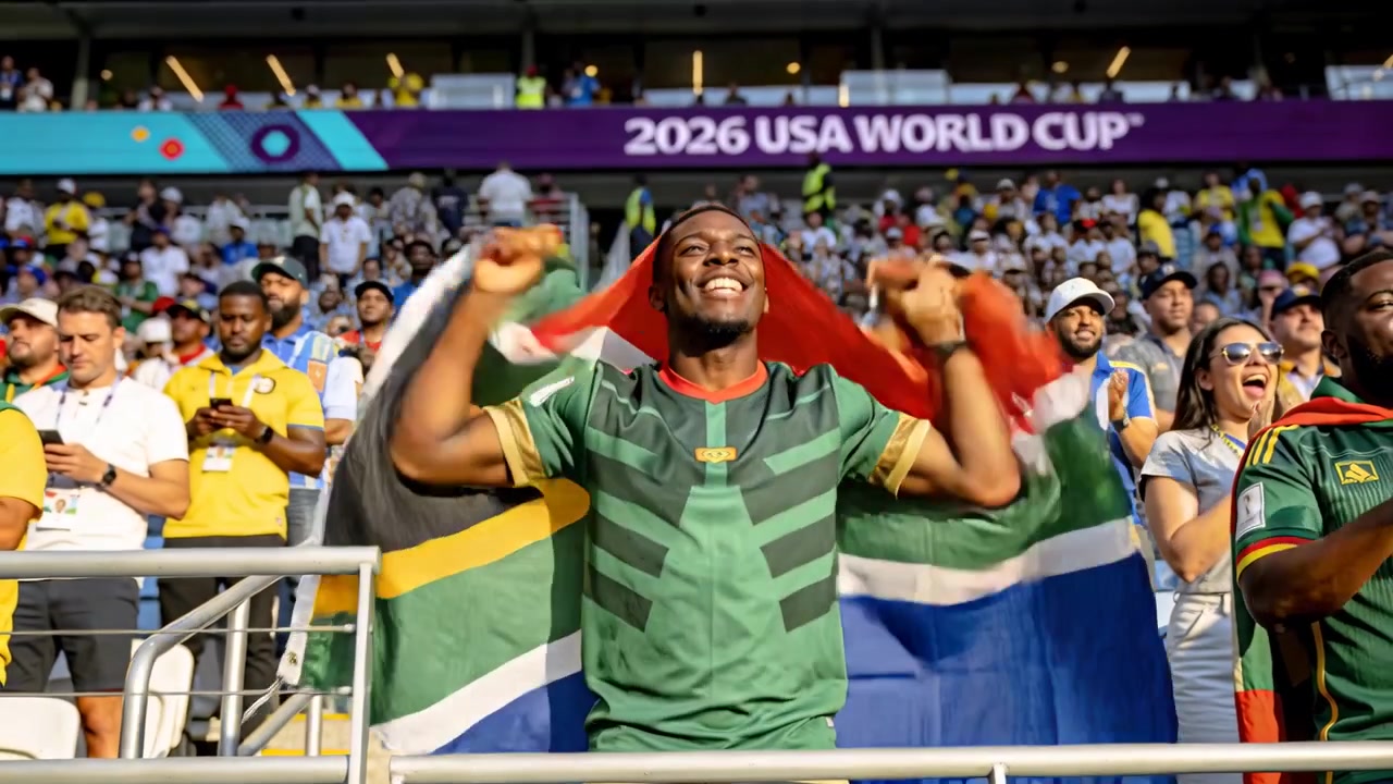 Cheering male fan in green jersey waving South African flag after goal at stadium, event banner