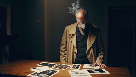 detective examines suspect photos