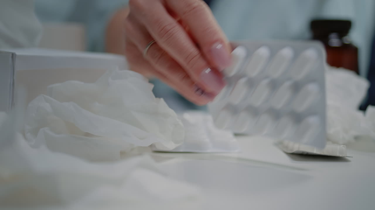 Close up of hand of sick woman searching for pills and capsules