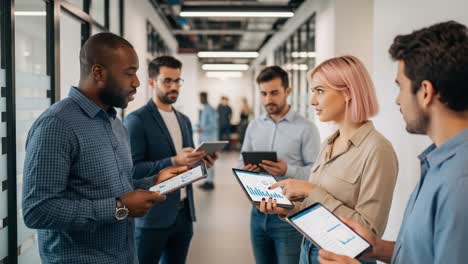 a productive business meeting in progress: professionals collaborate with digital devices, discussing important data and strategies in a modern office environment