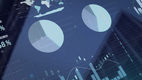 financial data charts and world map animation over blue background