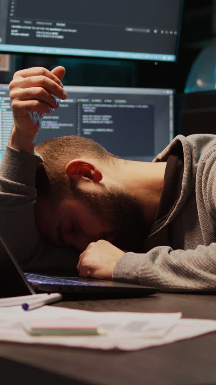 Vertical video: IT developer yawning and falling asleep on desk