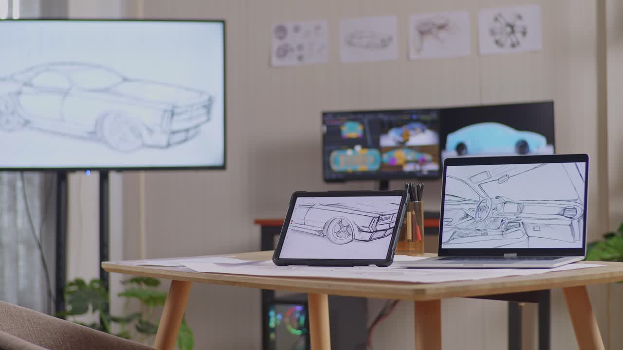 New Car Concept Sketching Showing On A Tablet And Laptop On The Table In The Studio With Tv And Computers Display 3D Electric Car Model