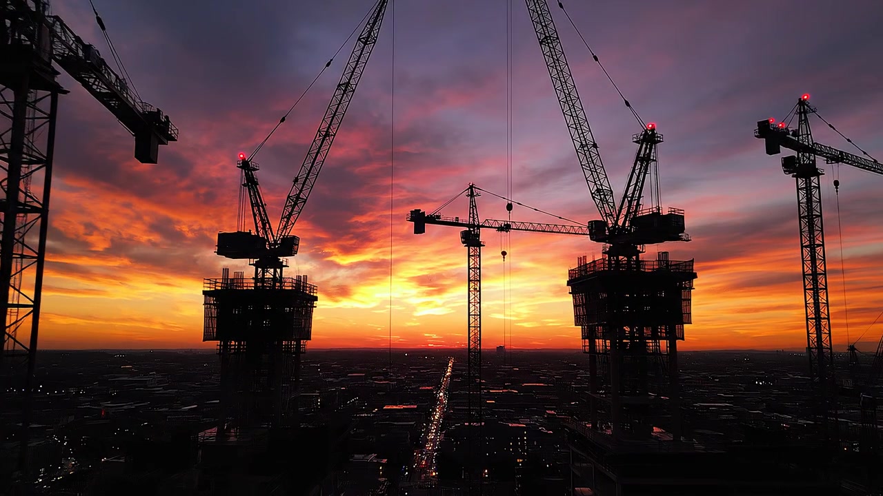 Tower Cranes Against Vibrant Sunset Sky at Urban Construction Site