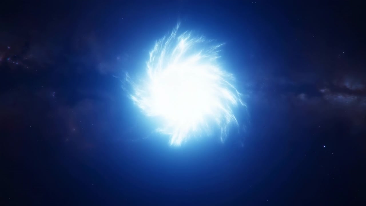 Luminous blue energy burst forms circular halo within dark indigo sky, with radiant wisps spreading outward and swirling light creating ethereal cosmic depth and dramatic contrast, with blue, energy