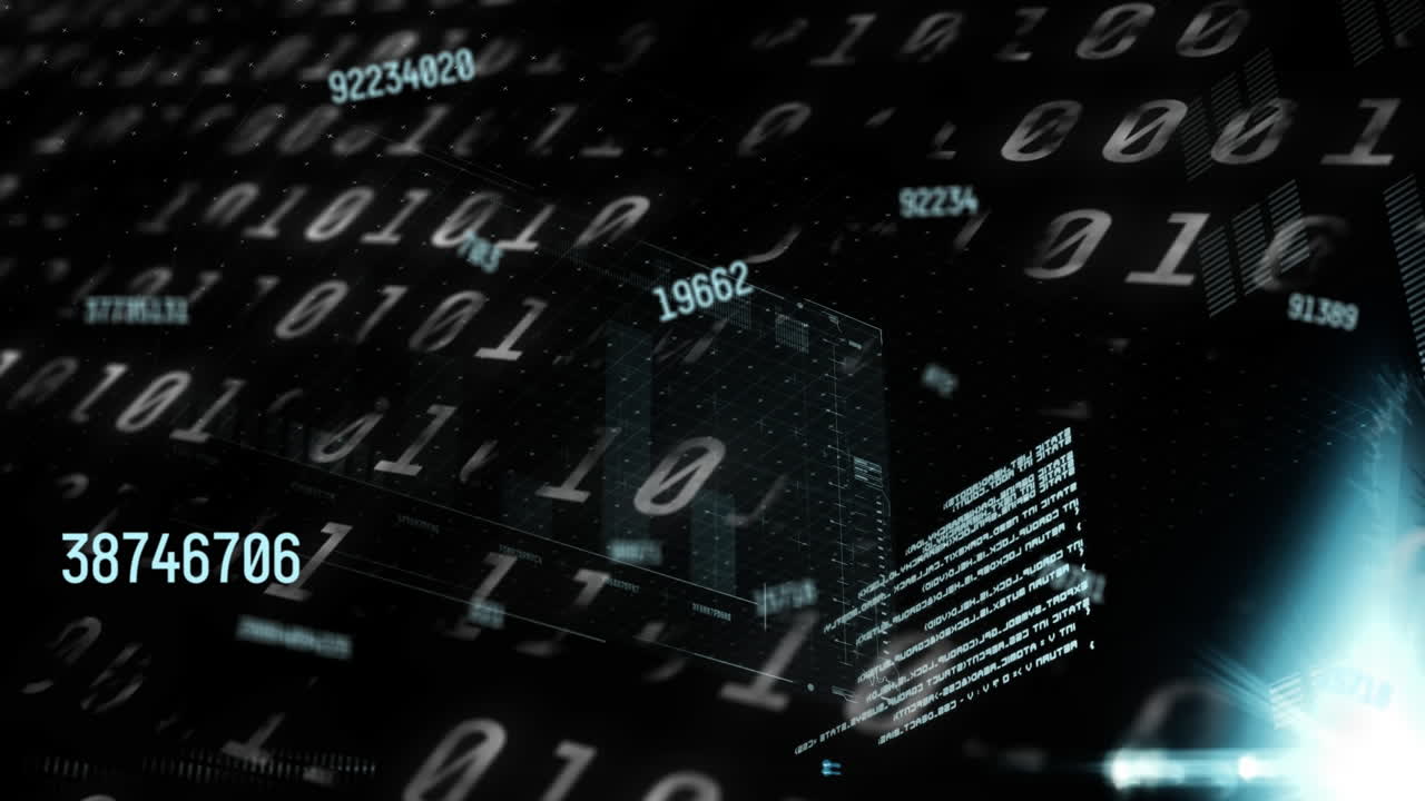 Animation of data processing and diagrams on black background