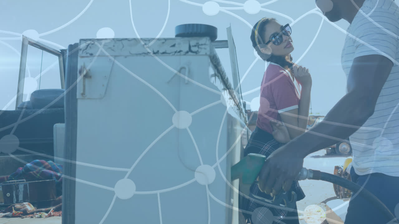 가스 스테이션에서 사람들 위에 금융 데이터 처리의 애니메이션