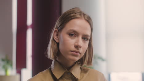 close up view of woman looking at camera