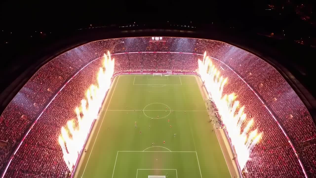 Veduta aerea di uno stadio di calcio con fuochi d'artificio e folla di notte