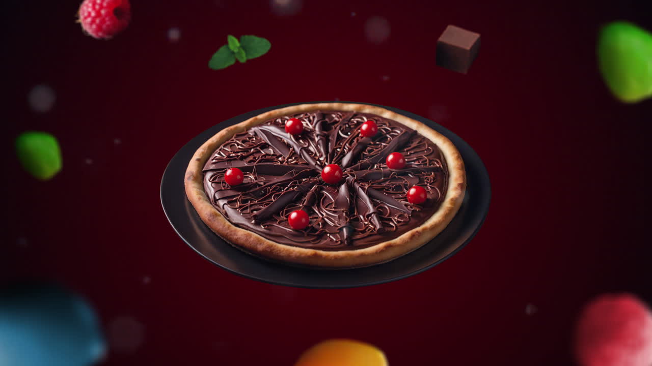 pizza napolitana de chocolate en un plato negro introducción de animación para publicidad o comercialización de restaurantes con los ingredientes del plato volando en el aire - etiqueta de precio o venta