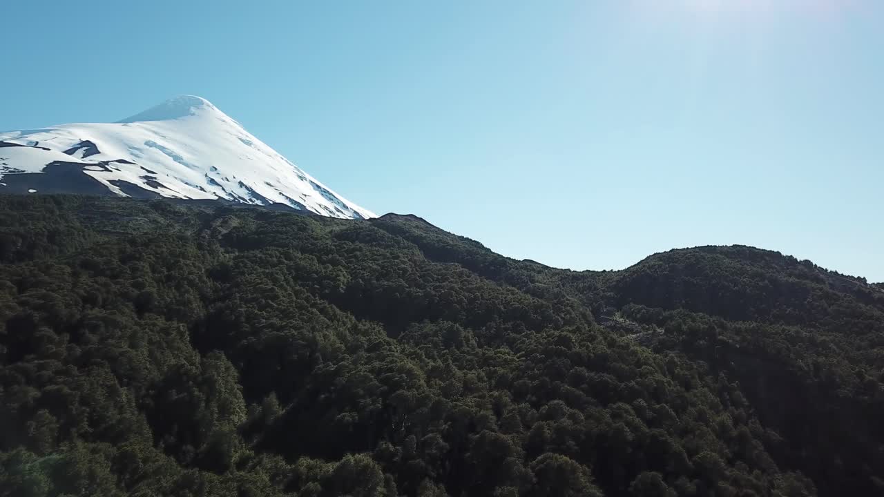 Majestic Landscape of Chile. Drone Aerial View of Snow Capped Volcanic Mountain Peak and Rainforest