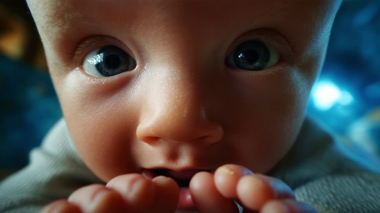 Close-Up of an Innocent Baby Gazing Curiously, Capturing the Essence of Childhood Wonder and Exploration Through Expressive Eyes and Tiny Hands in a Heartwarming Moment