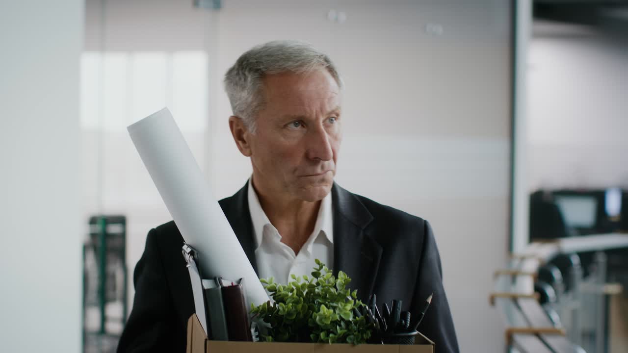 hombre de negocios maduro deprimido dejando el lugar de trabajo llevando pertenencias en cajas interiores