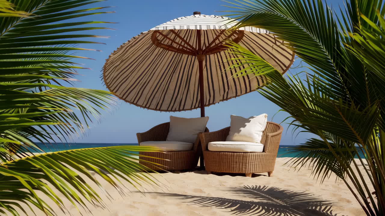 Relaxing tropical beach scene with chairs and umbrella