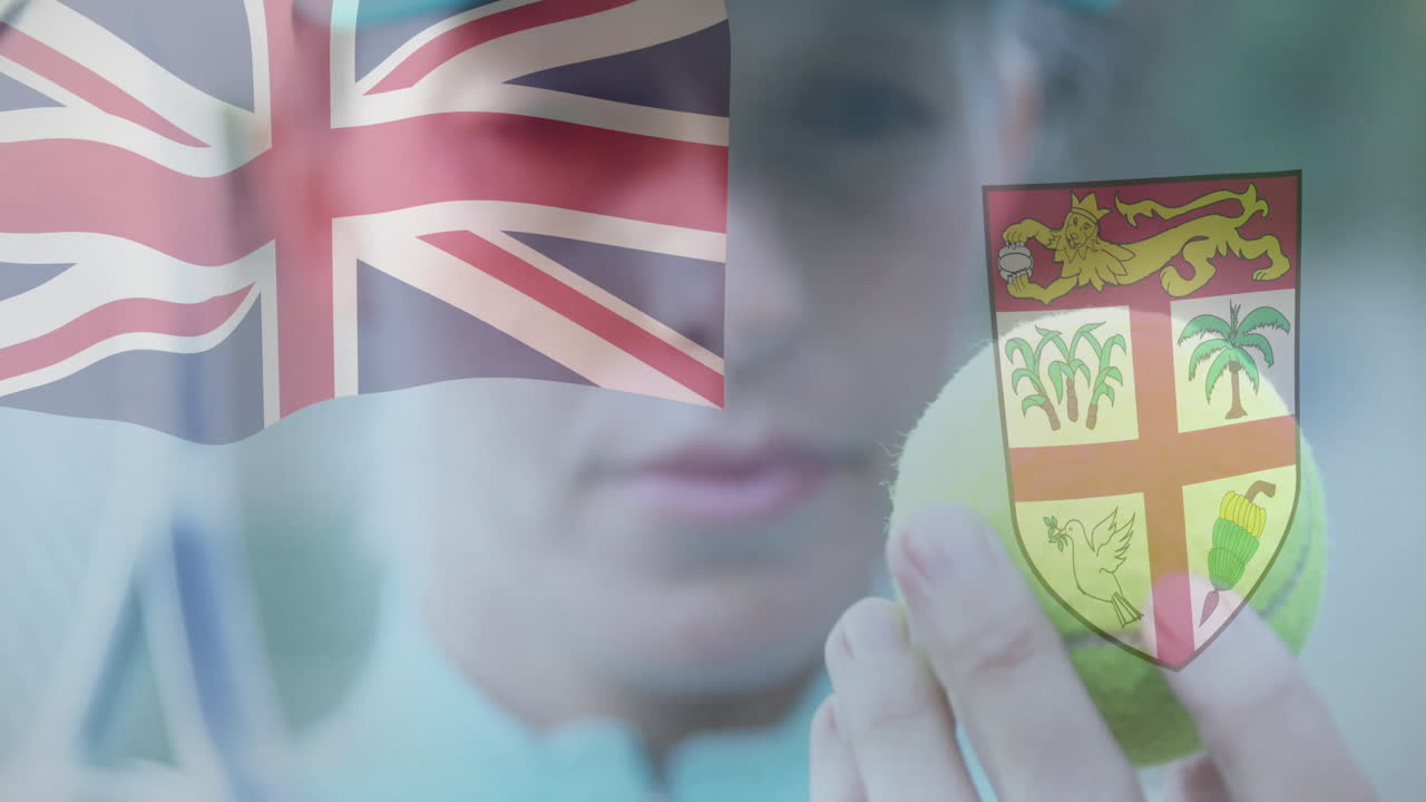 tennis player holding neon green ball, featuring sports marketing with Union Jack and Fiji overlays