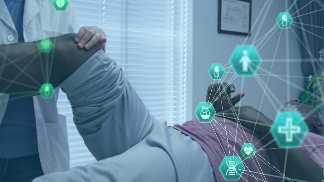 아프리카계 미국인 남성 환자와 의사에 대한 연결 네트워크와 아이콘의 애니메이션