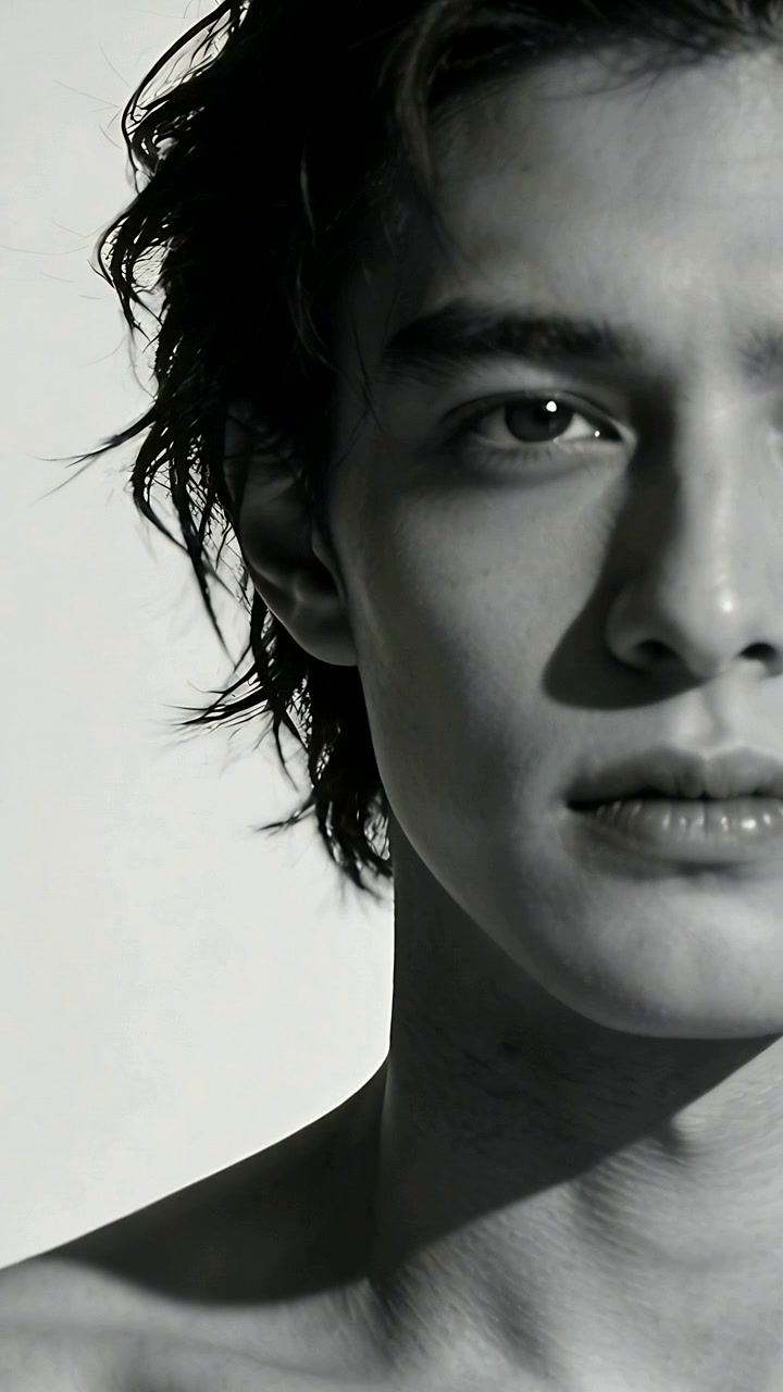 Video verticale: Riprese di un uomo asiatico che mostra sottili espressioni facciali per un servizio fotografico con illuminazione da studio.