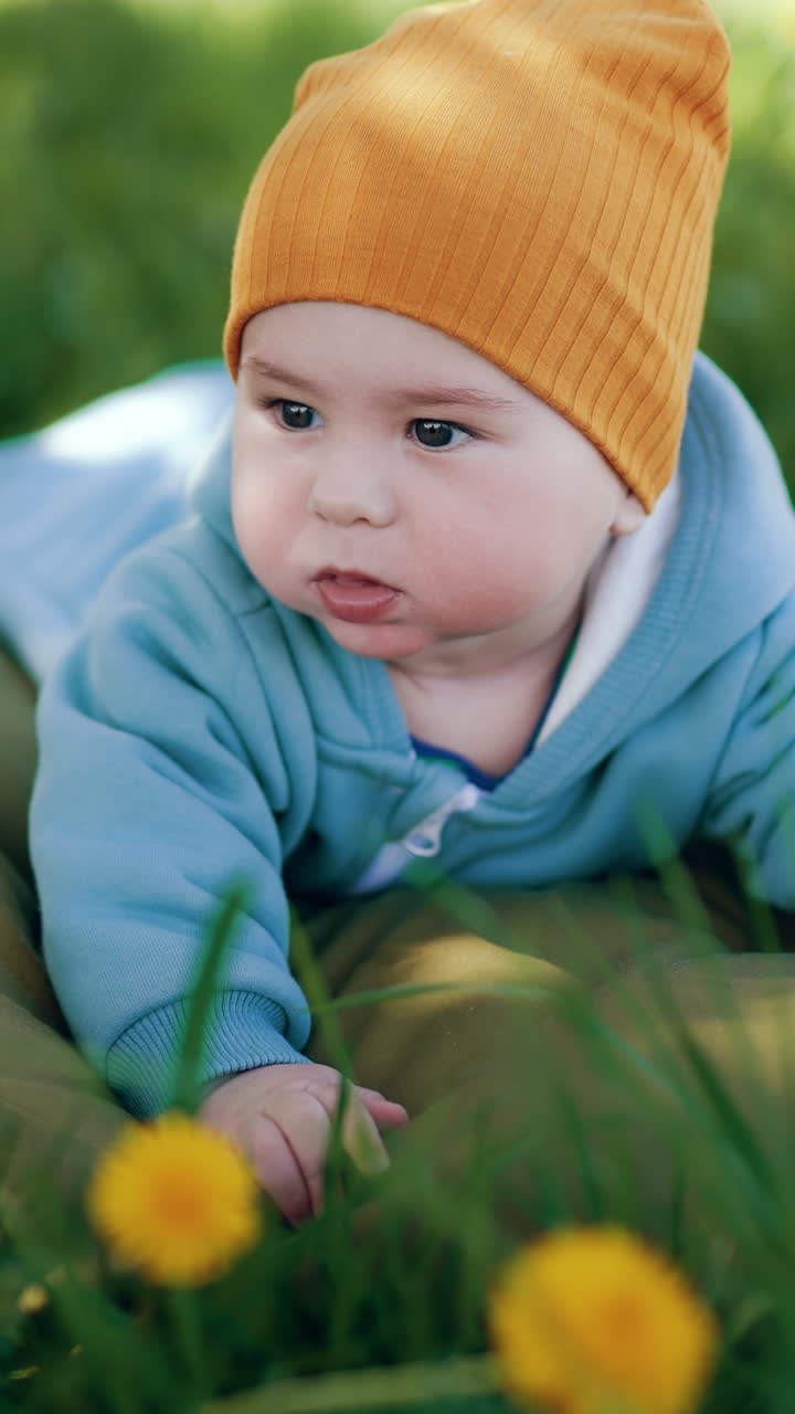 Baby in Orange Hat and Blue Jacket Lying in Grass