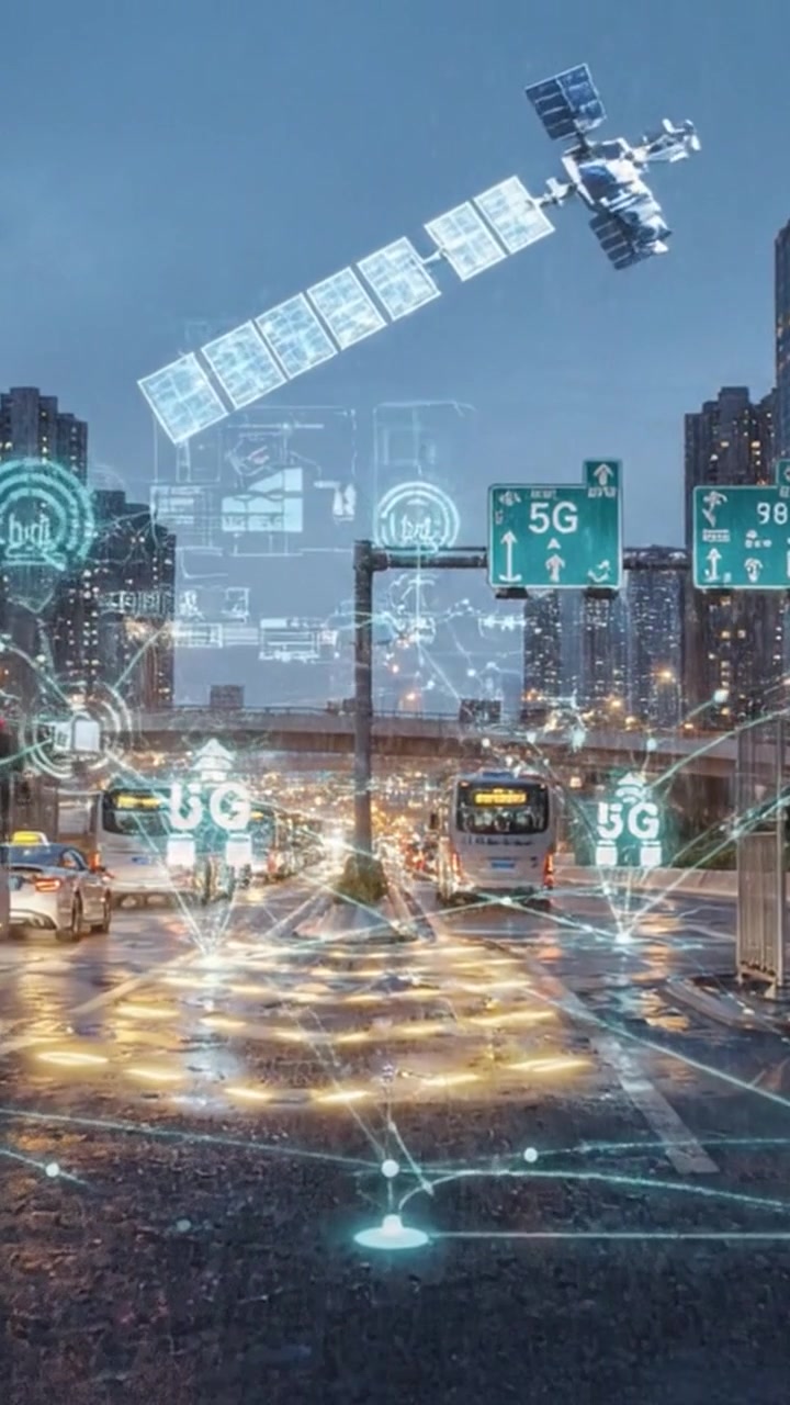 Scena di traffico serale urbano migliorata dalla connettività digitale, con autobus, pioggia ed elementi di smart city, che illumina le infrastrutture moderne in un paesaggio urbano dinamico.