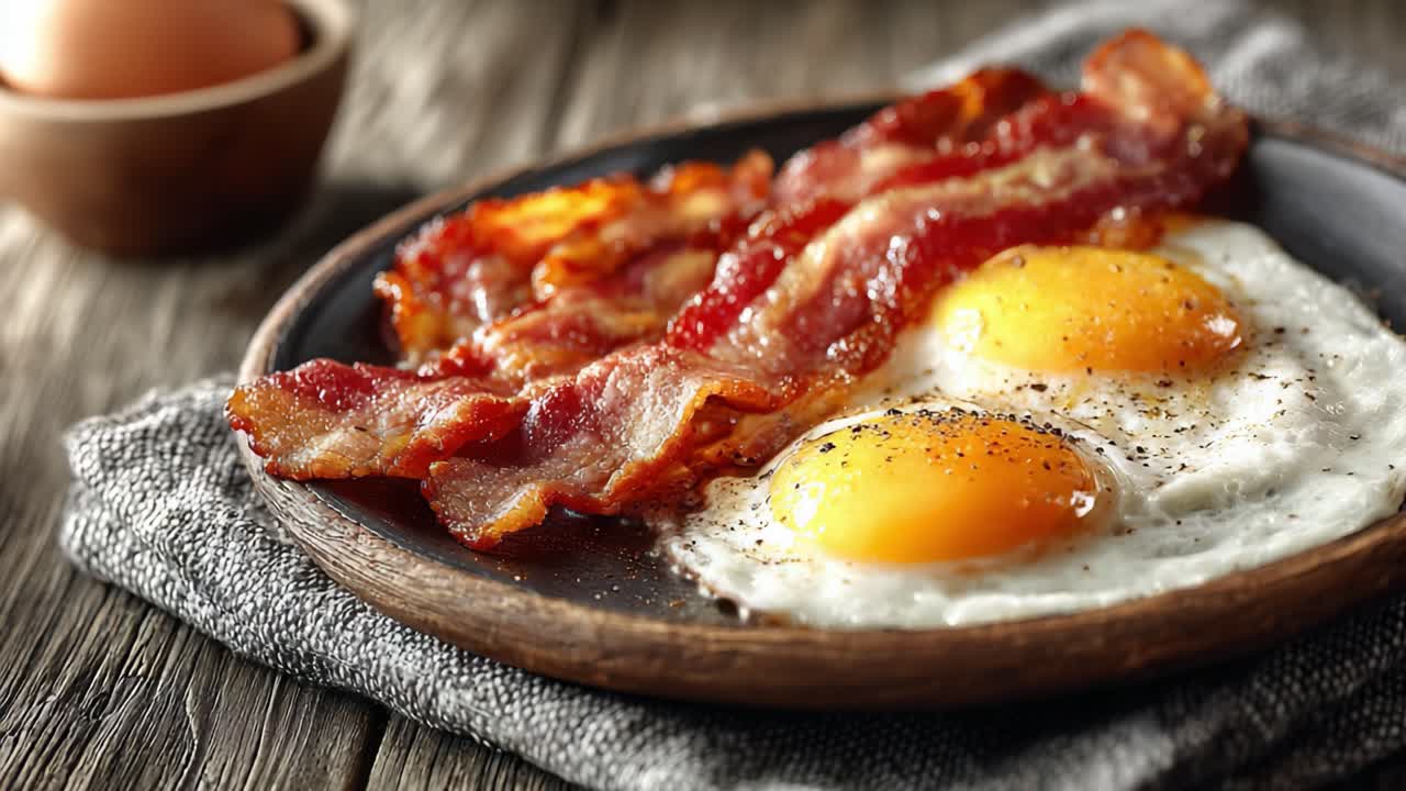 Un delizioso piatto di pancetta croccante e uova all'occhio di bue servito su un tavolo di legno rustico per una colazione perfetta