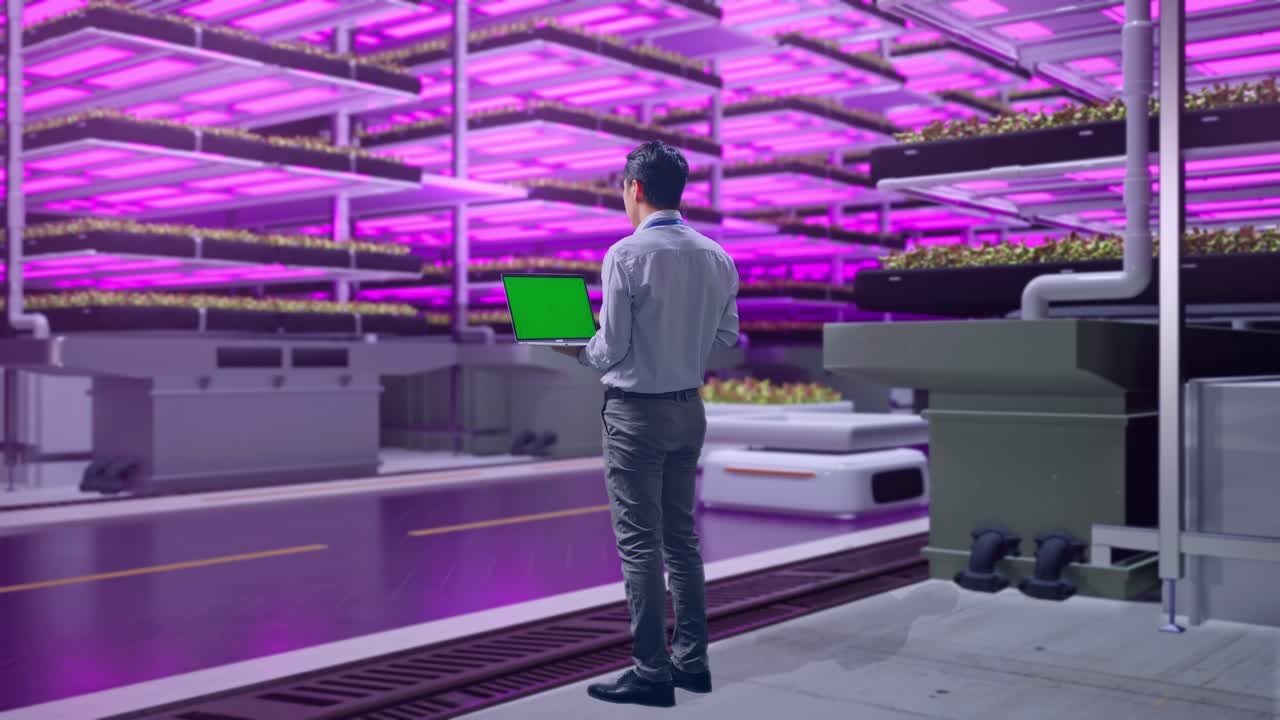 vista trasera del cuerpo completo de un trabajador profesional masculino asiático de pie en una granja vertical, instalación industrial de alta tecnología, escribiendo en el teclado de la computadora portátil con pantalla verde y mira la fábrica una vez