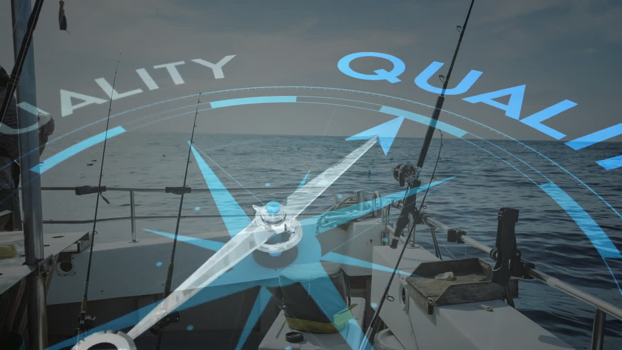 Animation of compass with QUALITY text over fishing boat in open sea