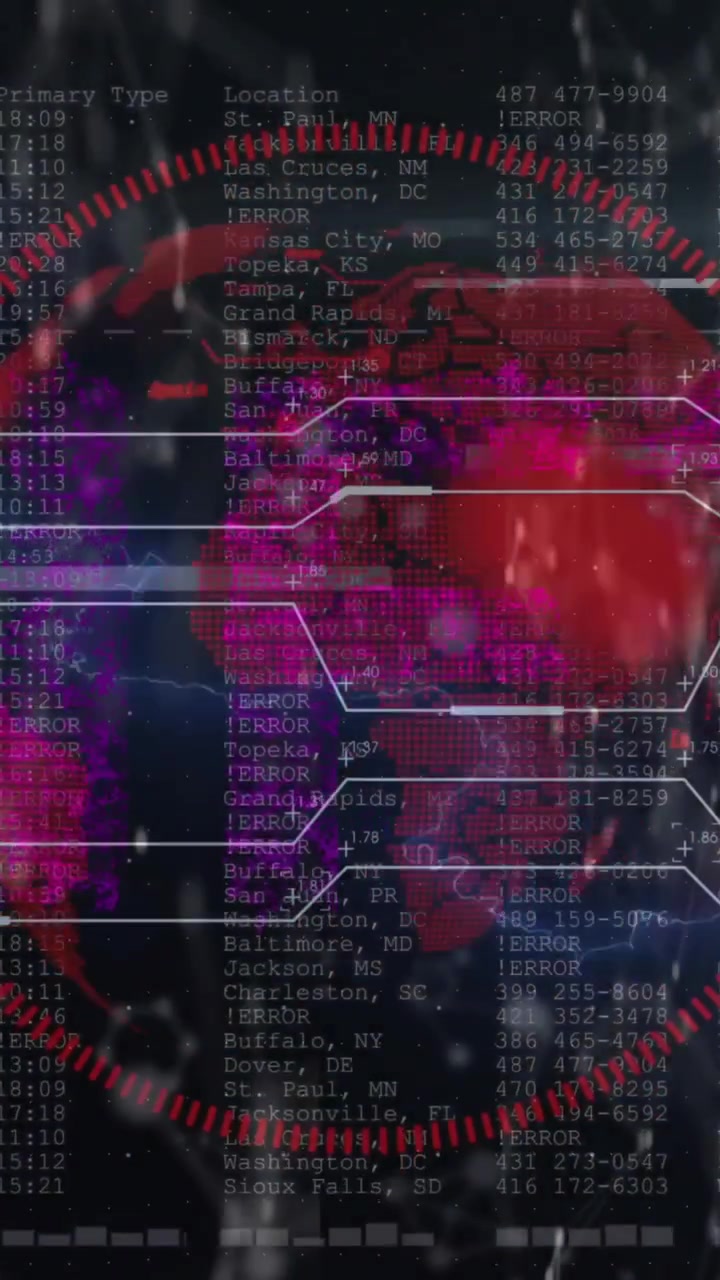Animazione di un temporale, numeri che cambiano, interfaccia computerizzata su un globo rotante