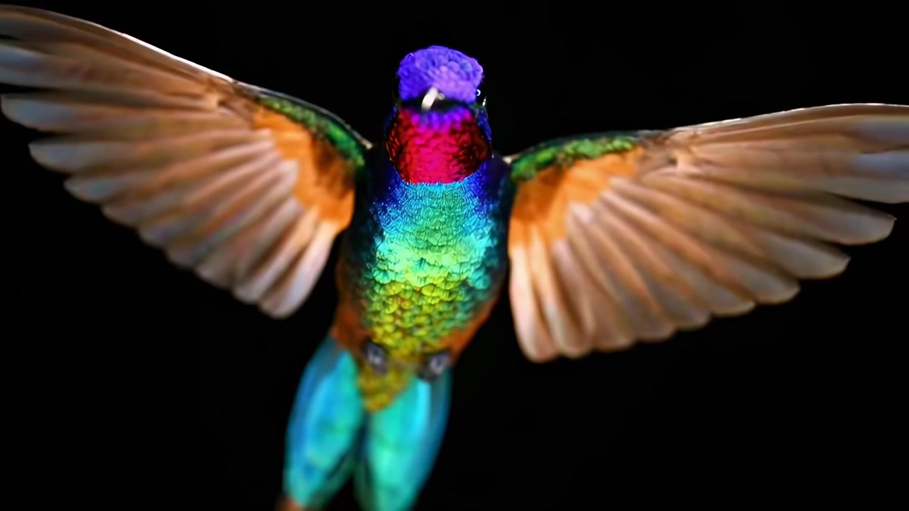Colibrì vibrante che si libra a mezz'aria su sfondo nero