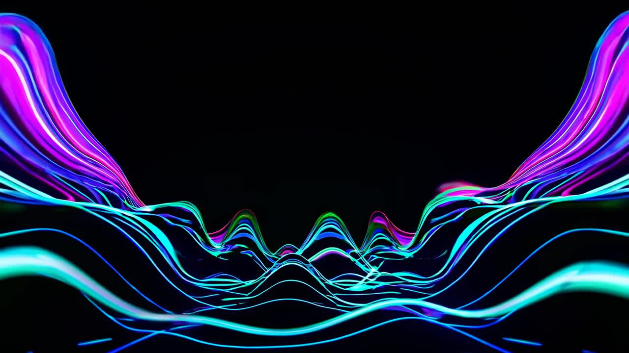 Dynamic video concept with neon light trails in vibrant colors, creating a wave-like pattern