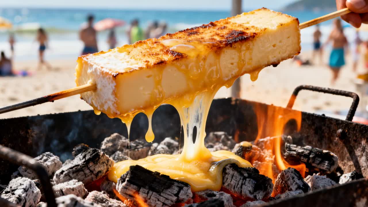 Tenendo un grande formaggio, una mano che ruota uno spiedo su carboni ardenti in spiaggia, formaggio che si scioglie per essere servito.
