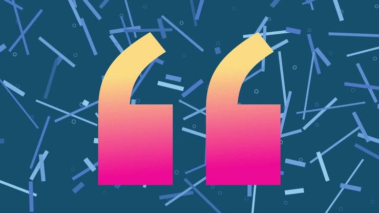 Animation of neon quotation marks over abstract shape background