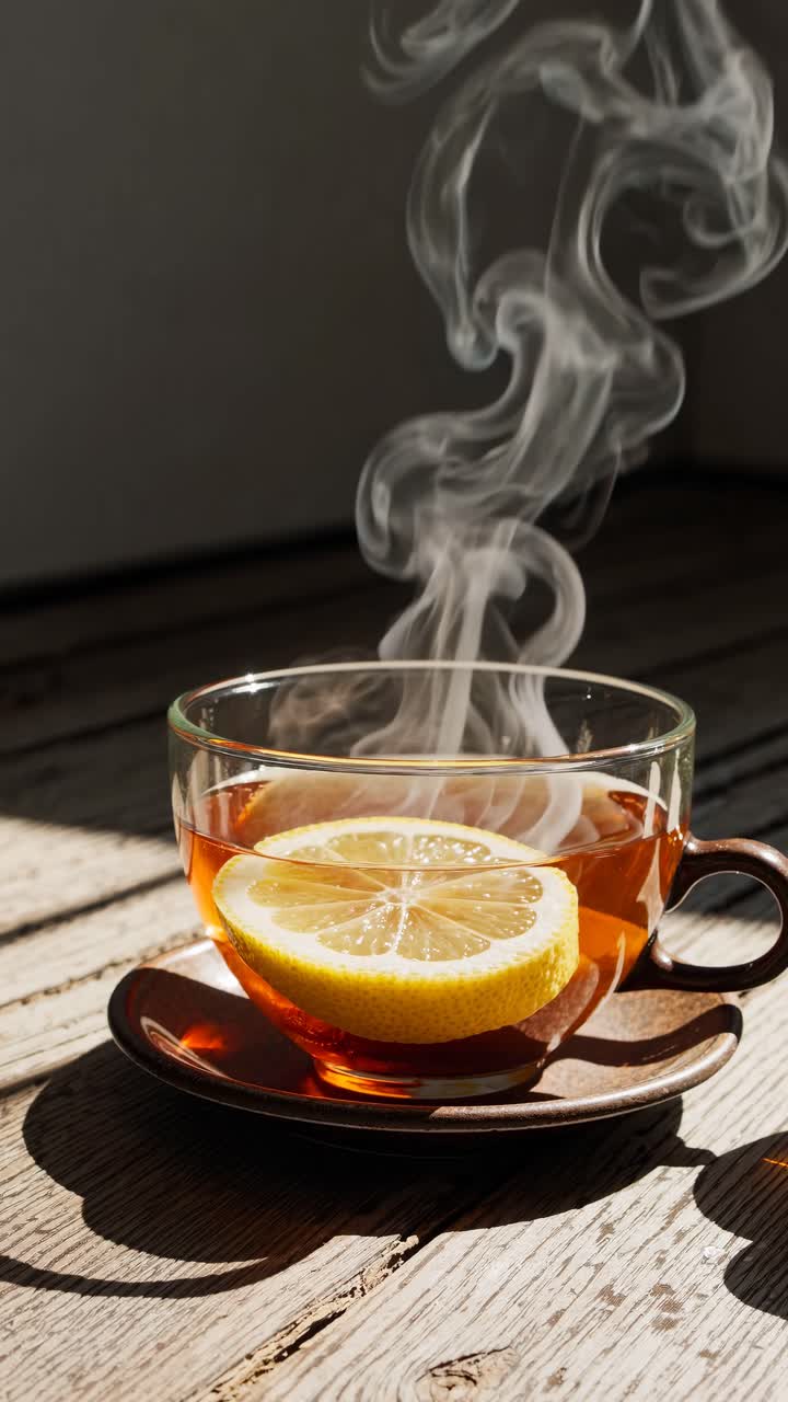 Una tazza di tè fumante con una fetta di limone, catturata da un'angolazione ravvicinata.