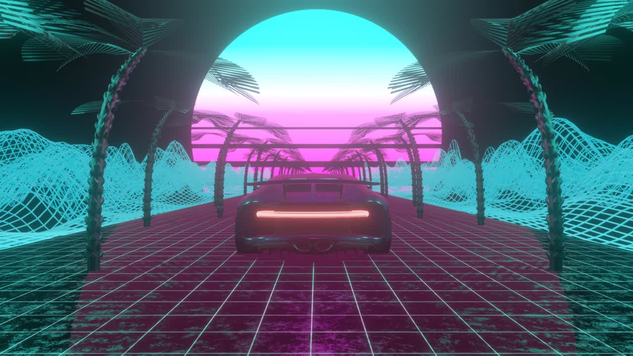 paisaje retro-futurista con un coche moviéndose hacia adelante. fondo de video de neón estilizado de los años 80 adecuado para una pista de música o portada de álbum.