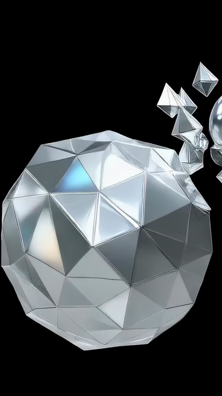 Vertical video: Animating polyhedron rotating left on black, tube entering, tetrahedra scattering