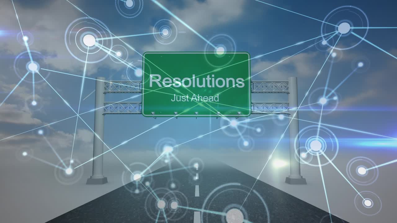 Animation of network of connections with icons over green road sign