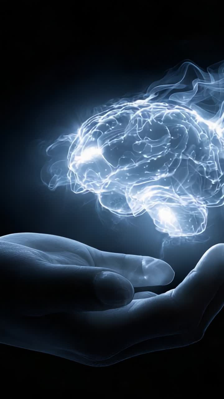 Una mano che sorregge un cervello scintillante: esplorazione della fusione tra tecnologia e cognizione umana in un mondo nebuloso di immaginazione e intelligenza