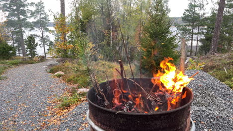 Gartenarbeit,-Kontrolliertes-Schweres-Feuer-Und-Rauch-Im-Ölfass,-Herbsttag