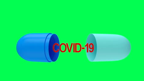 covid-19 icon in the opening medical capsule on a green screen. 3d animation