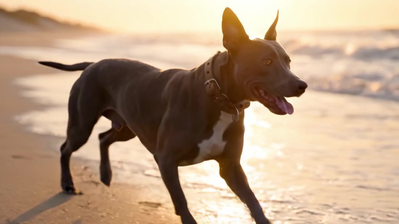 Un cane giocherellone si gode il suo tempo in spiaggia, correndo lungo la riva mentre le onde gli lambiscono dolcemente le zampe sotto il tramonto dorato, irradiando felicità e libertà.