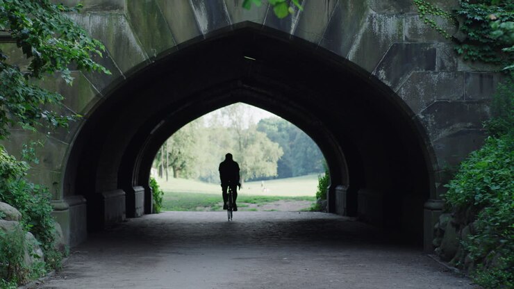 A person walks through a tunnel in Prospect Park in Brooklyn, NY