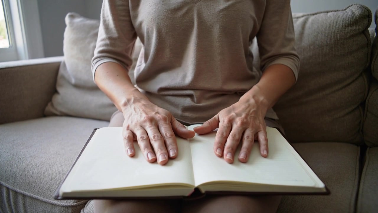 Donna con maglia a maniche lunghe che posiziona un libro con copertina rigida, lisciando le pagine sul divano per appiattirle, anelli visibili.