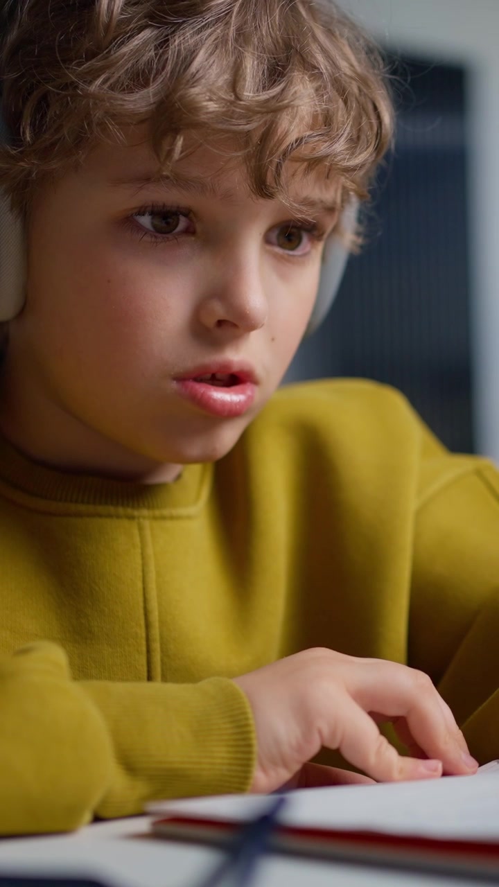 Giovane ragazzo concentrato che studia con le cuffie alla scrivania