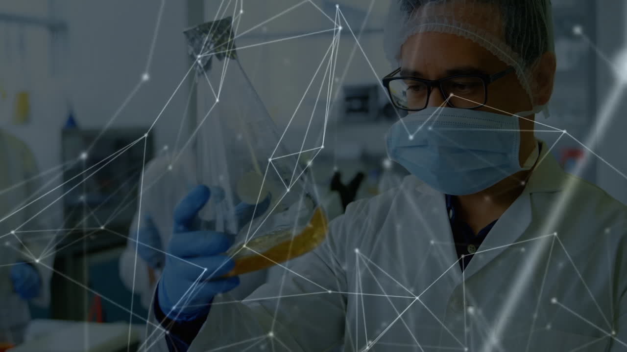 Examining flask, scientist analyzing data processing with network connections overlay