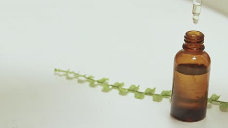 a brown glass bottle with a dropper containing essential oil, next to a leaf on a white background, evoking a natural and serene atmosphere
