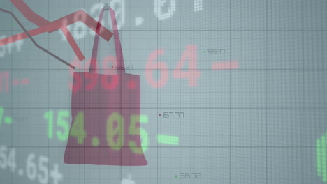 animation of red lines, numbers changing and data processing over red shopping bag