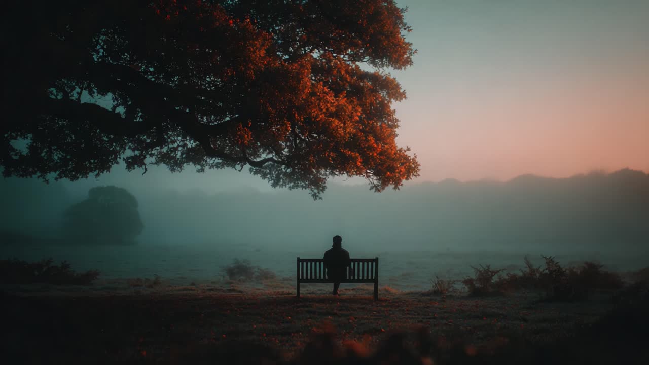 Une silhouette solitaire est assise tranquillement sur un banc sous un arbre majestueux, enveloppée dans la douce lueur de l’aube, plongée dans la brume matinale, et réfléchissant à la tranquillité de la nature.