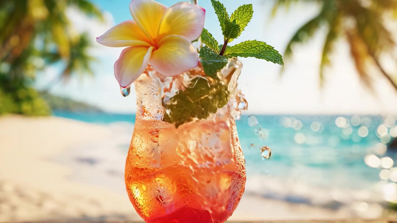 Forfriskende tropisk cocktail med rosa blomst og mynteblader på et strandbord med utsikt over havet i et solfylt paradis