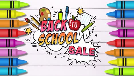 Animation-of-back-to-school-sale-text-on-school-icons-and-crayons-on-white-background